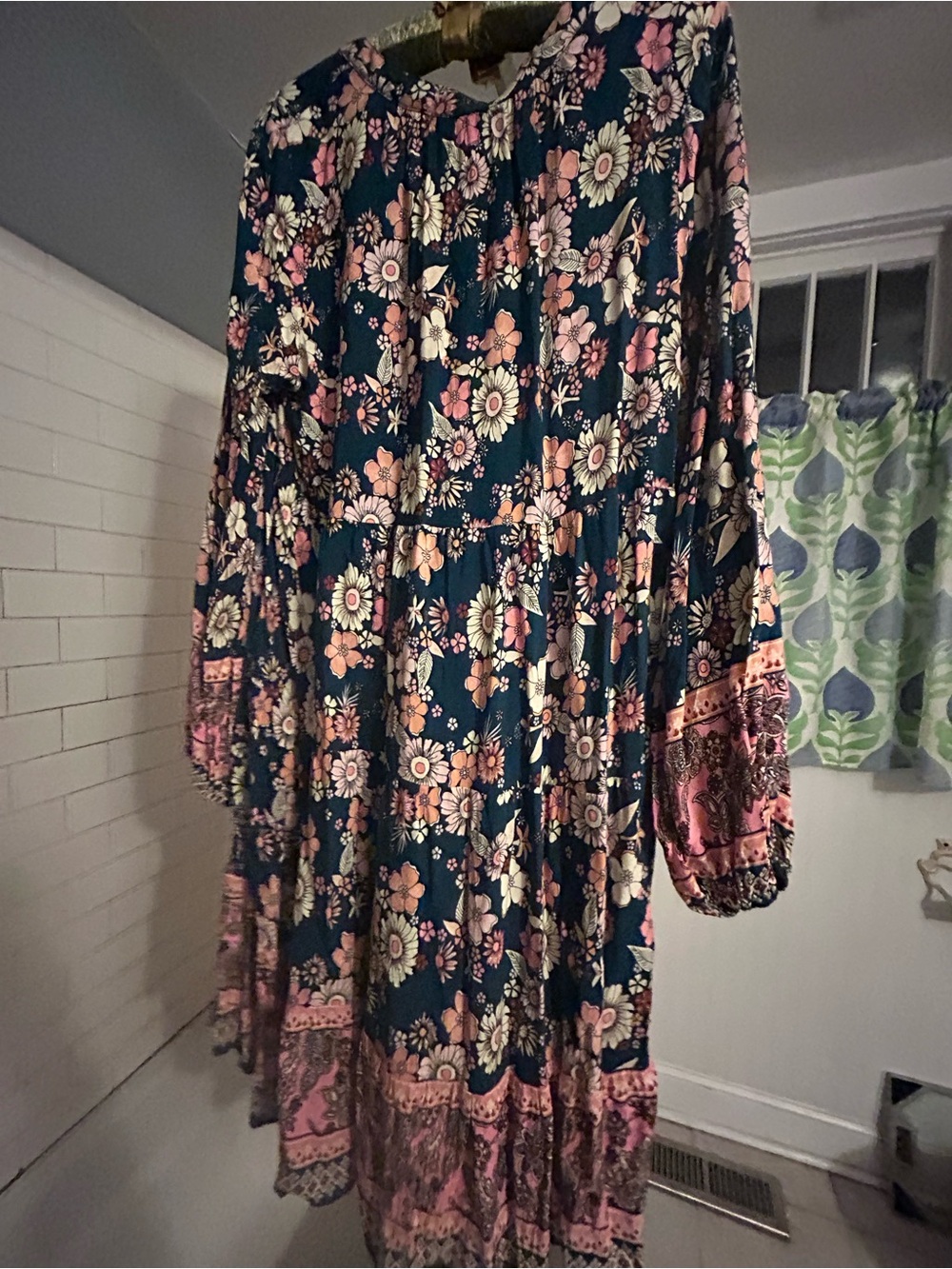 Suzanne Betro Navy Floral Tiered Long Sleeve Dress with Pink Accents